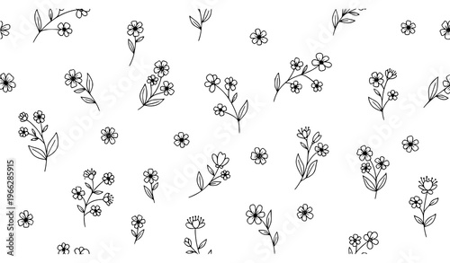 Delicate boho flower doodle seamless pattern minimalist botanical vector print isolated on white background
