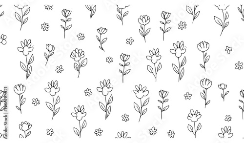 Boho doodle floral seamless pattern minimalist primitive flower vector print isolated on white background
