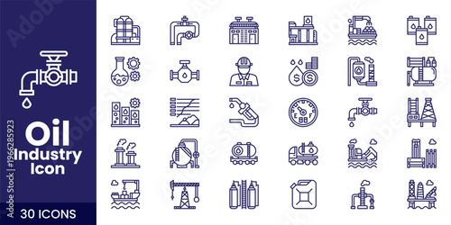Oil and Gas Industry Icon Set with Fuel, Refinery, Pipeline, and Industrial Energy Vector Collection