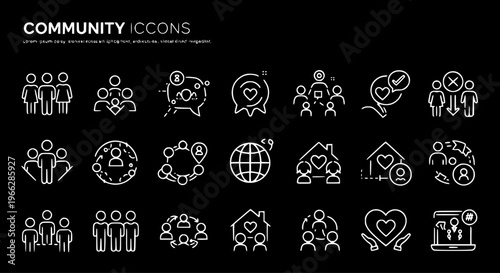 White Line Community Icons Vector Set on Black Background - People, Social Networking, Group Interaction, Support, and Connection