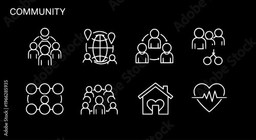 Community and Social Connection Vector Icons Set: Global Network, Teamwork, Collaboration, Family, Home, and Health Concepts on Black