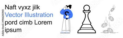 Business strategy, decision-making, financial planning, investments, problem-solving, resource management. Person in thought, chess piece strategy coins falling. Business strategy