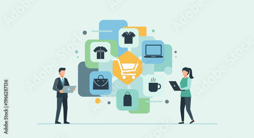 E-commerce, online shopping, business icons, digital commerce, retail vector graphics