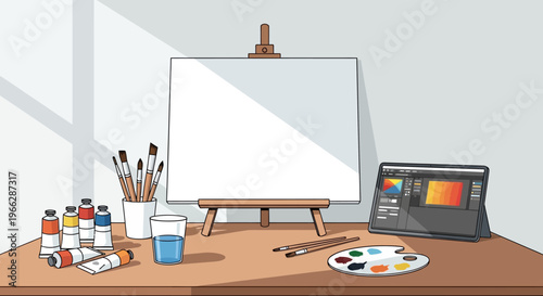 Colorful paints and brushes on table.