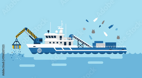 Fishing Trawler Boat Catching Fish Sea.