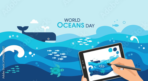 Hand holding digital tablet with whale.