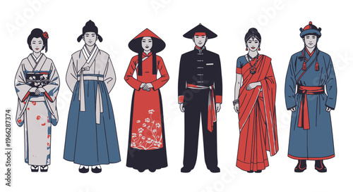 Traditional Korean and Chinese Costumes Illustration