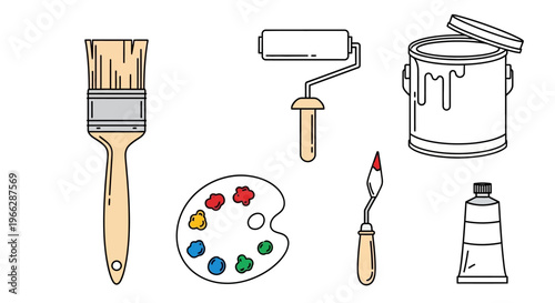 Painting tools and supplies collection.