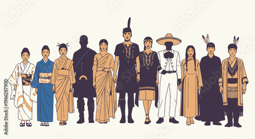 Diverse people in traditional cultural clothing from around the world