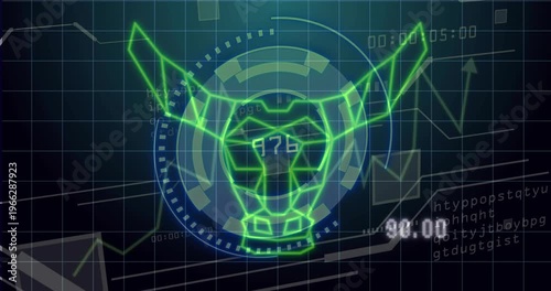 Dial starting, marker showing, neon bull forming, data peaking then shrinking for analytics