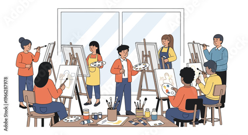 People painting on easels together indoors.