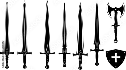 Medieval Weaponry Silhouettes Vector Collection: Fantasy Swords, Double Axe, and Crusader Shield Icons for Game and Historical Designs