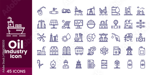 Oil and Gas Industry Icon Set with Fuel, Refinery, Pipeline, and Industrial Energy Vector Collection