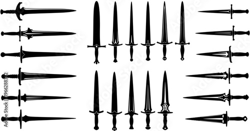 Detailed black silhouette collection of various medieval and fantasy swords and daggers with different blade and hilt designs on a white background