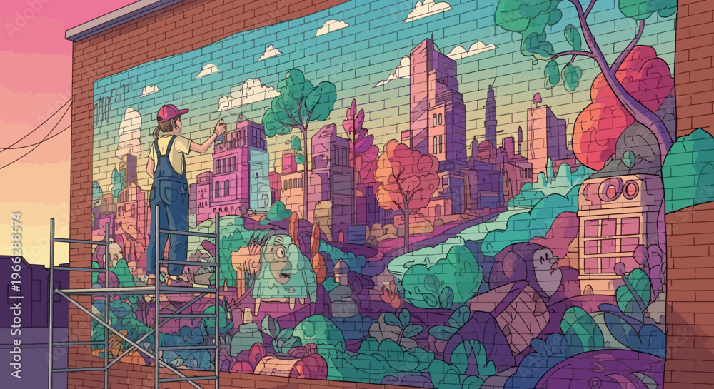 Naklejka premium Woman painting colorful cityscape mural wall.
