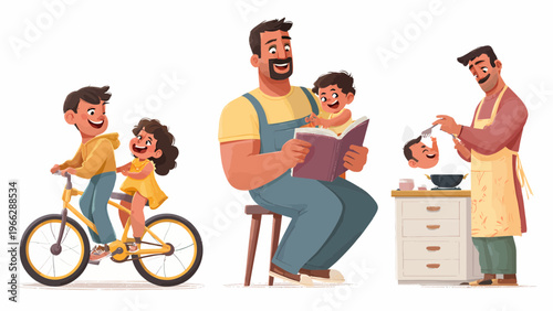 Family scene with father reading to child while another child rides bicycle and mother cooks