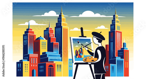 Woman painting on city rooftop studio.