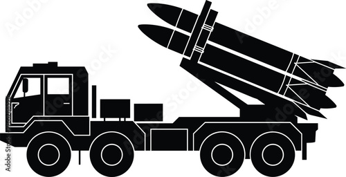 Black silhouette of a heavy-duty missile launcher truck with two large missiles loaded and ready for deployment