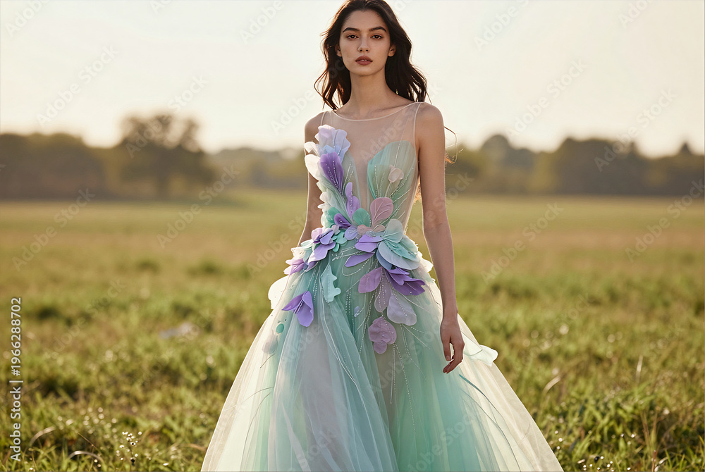 Fototapeta premium Ethereal Pastel Couture in Golden Hour Meadow