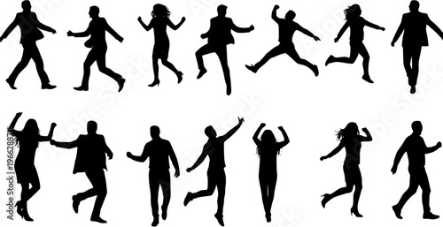 Dynamic Silhouettes of People: Men and Women Jumping, Running, Walking, and Dancing, Depicting Activity, Celebration, and Energetic Movement