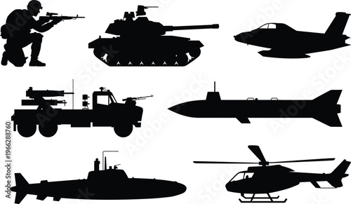 Collection of military vehicle and silhouettes including a soldier with rifle, tank, jet, missile truck, submarine, and helicopter