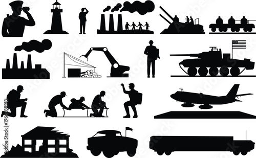 Diverse silhouette collection depicting industrial scenes military actions and civilian life including factories a robot arm soldiers and damaged buildings