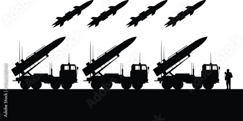Multiple missile launchers and flying missiles in silhouette against a white background representing military power and defense systems