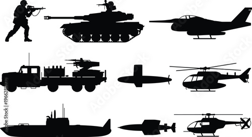Assortment of military silhouettes including a soldier with gun, tank, jet, missile truck, drone, and two helicopters and a submarine