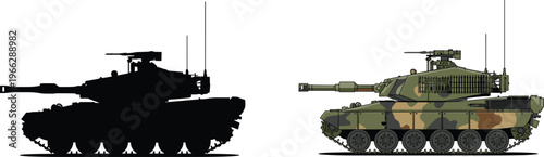 Side-by-side comparison of a modern military tank silhouette and a detailed, camouflaged tank vehicle