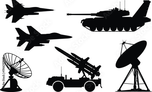 Silhouette collection of military aircraft tanks and communication equipment showcasing fighter jets a tank and various satellite dishes and missile launchers