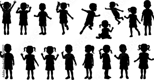 Children Silhouettes: Diverse Poses of Boys and Girls in Playful Action, Black Figures on White Background