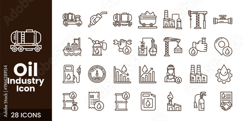 Oil and Gas Industry Icon Set with Fuel, Refinery, Pipeline, and Industrial Energy Vector Collection