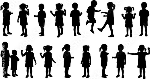 Silhouette of Children: Diverse Poses, Playful Mood, Isolated on White Background