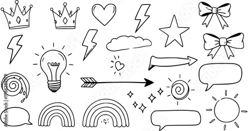Hand drawn doodle vector set of cute elements. Crowns, lightbulbs, hearts, lightning bolts, stars, clouds, arrows, bows, speech bubbles, rainbows, suns, spirals.