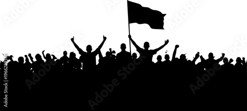 Dynamic black silhouette of a large crowd cheering and protesting, with a prominent flag bearer, symbolizing unity, activism, and demonstration against a white background.