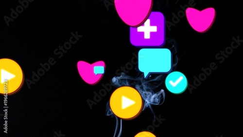 Rising gray smoke column weaving among drifting hearts, chats, ticks, pluses, play buttons on black