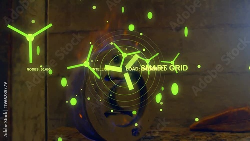 On startup green hologram smart grid growing, aligning, rotating, labeling to show load balance