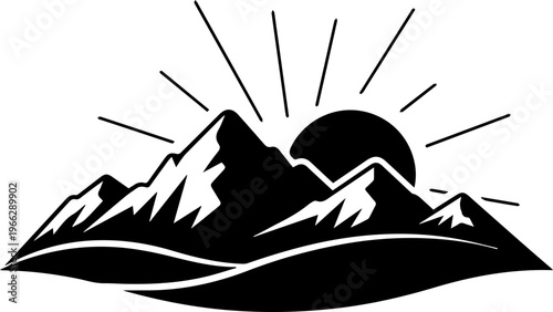 Stunning mountain range silhouette with rising sun, perfect for adventure logos and outdoor brand identities with clean minimalist design