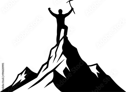 Triumphant climber celebrating summit success on mountain peak with ice axe, a symbol of achievement, challenge, and overcoming obstacles