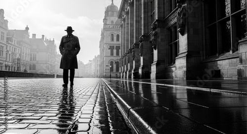 Fotografía Man walking on wet street.