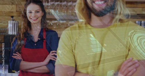 Woman barista standing at counter as man moving into frame, overlay showing coffee over staff