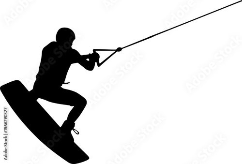 Dynamic silhouette of a wakeboarder executing an aerial trick against a clean white background for action sports marketing