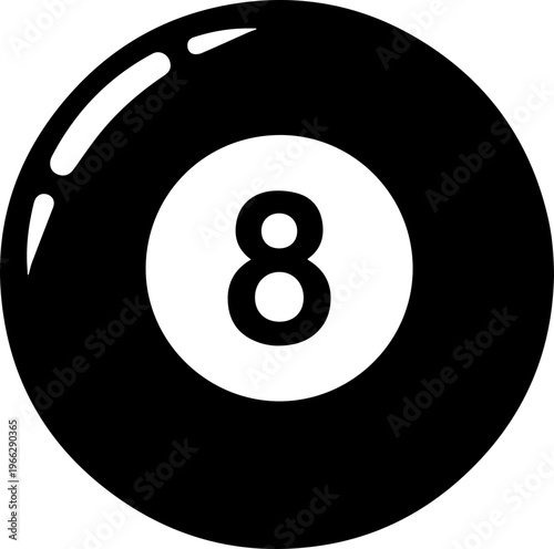 Sleek black 8 ball, iconic symbol of luck and winning in billiards and games, perfect for sports and leisure themes.