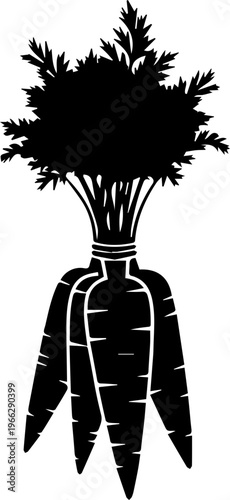 Bold black silhouette of fresh carrots with leafy green tops, perfect for healthy eating and culinary themes