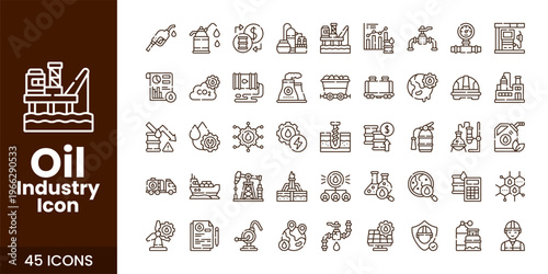 Oil and Gas Industry Icon Set with Fuel, Refinery, Pipeline, and Industrial Energy Vector Collection
