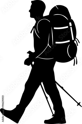 Adventurous hiker with a large backpack and trekking poles confidently strides forward on a journey