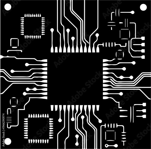 Dynamic electronic circuit board design with intricate pathways and microchips, symbolizing innovation and modern technology.