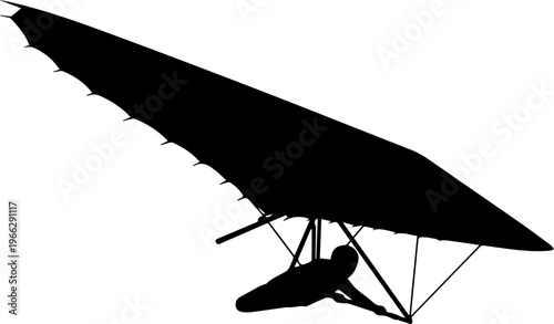 Dynamic silhouette of a hang glider pilot soaring freely against a clean white background, capturing the thrill of flight