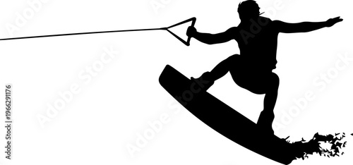 Dynamic wakeboarder silhouette mid-air, kicking up spray with energetic action, capturing extreme water sports thrill and freedom