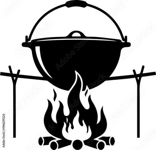 Campfire cooking pot suspended over crackling flames, evoking rustic adventures and delicious outdoor meals.